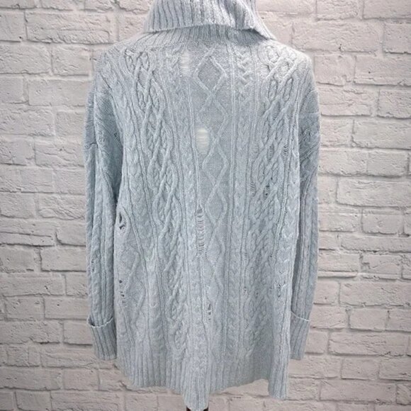 Free People Blue Distressed Complex Cabled Knit Cowl Turtleneck Sweater Size S - Picture 4 of 6